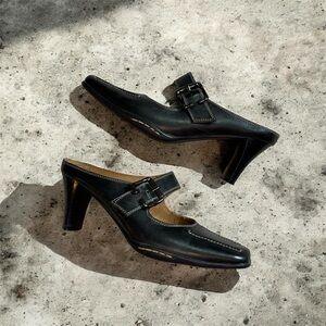 Vintage Genuine Leather Black Square Toe Buckle Loafer Heels